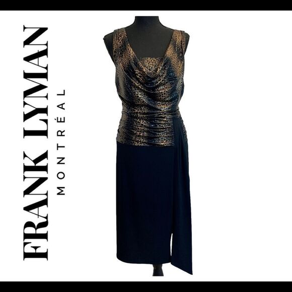 FRANK Lyman Design Black Leopard Animal Print Dress Sz 12 Black Brown Sleeveless - Picture 1 of 13